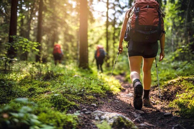 Gros plan sur les chaussures de marche d'une femme marchant sur un sentier forestier ensoleillé avec son groupe, une activité typique de randonnée en Ardèche